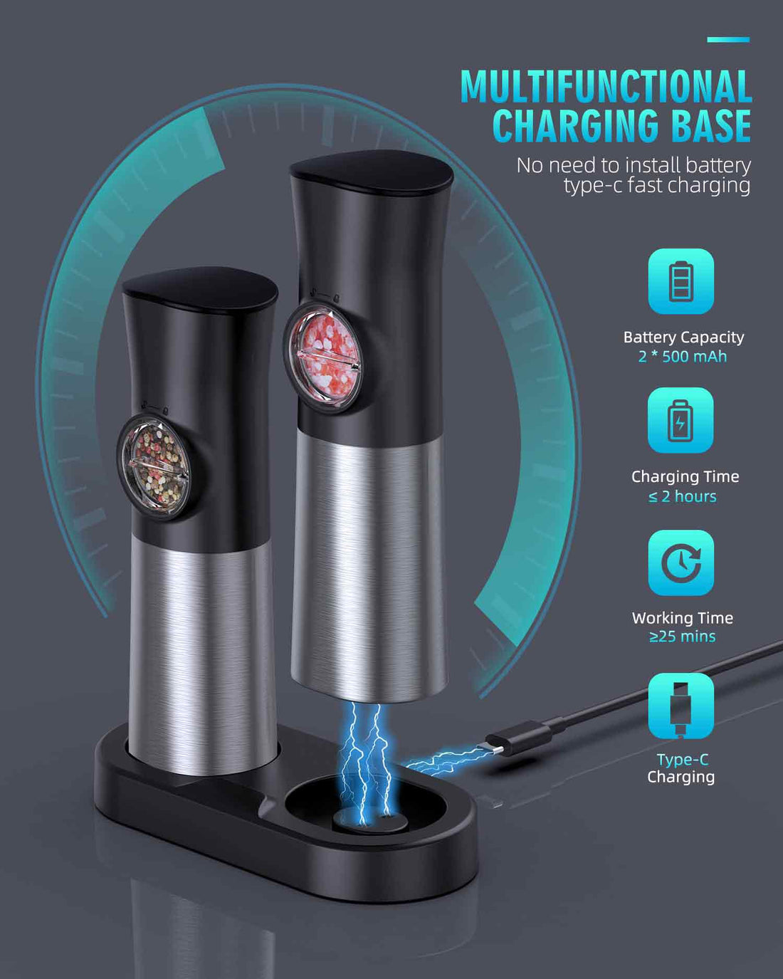 EVANLAN Gravity Electric Salt and Pepper Grinder Set - USB Rechargeable Automatic Grinder - Generous Capacity - Adjustable Fineness - One Handed Operation, Stainless Steel Construction, LED Light